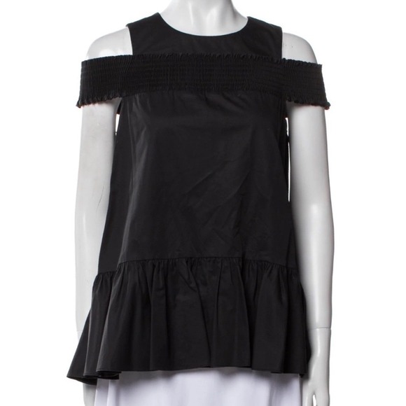 Tibi Tops - Tibi Black Cotton Smocked Cold Shoulder Peplum Top Minimalist Quiet Luxury Sz 00